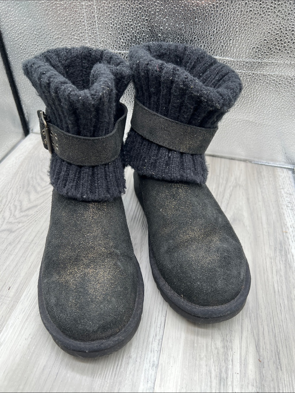UGG Australia Cambridge Black metallic Suede Knit Shaft Winter Boots Women SZ 6